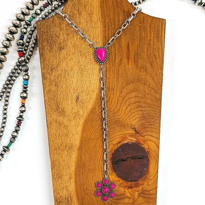 Follow My Lead Lariat Pendant Silver Necklace in Pink