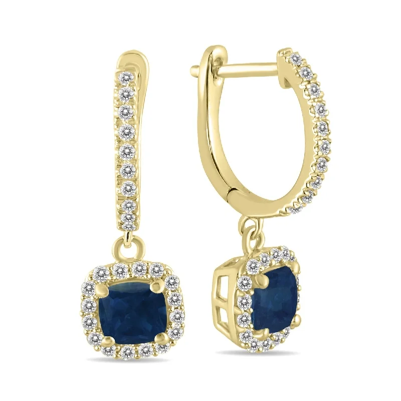 Marquee 1 Carat Sapphire and Diamond Halo Dangle Earrings in 10K Yellow Gold