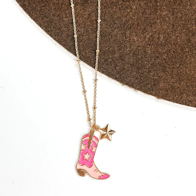 Gold Necklace with Star Boot Pendant in White and Pink