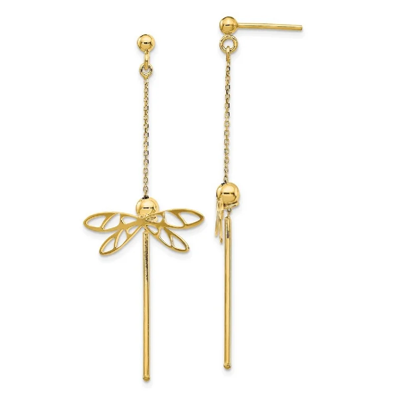 Curata 14k Yellow Gold Polished Dragonfly Post Long Drop Dangle Earrings 58x25mm