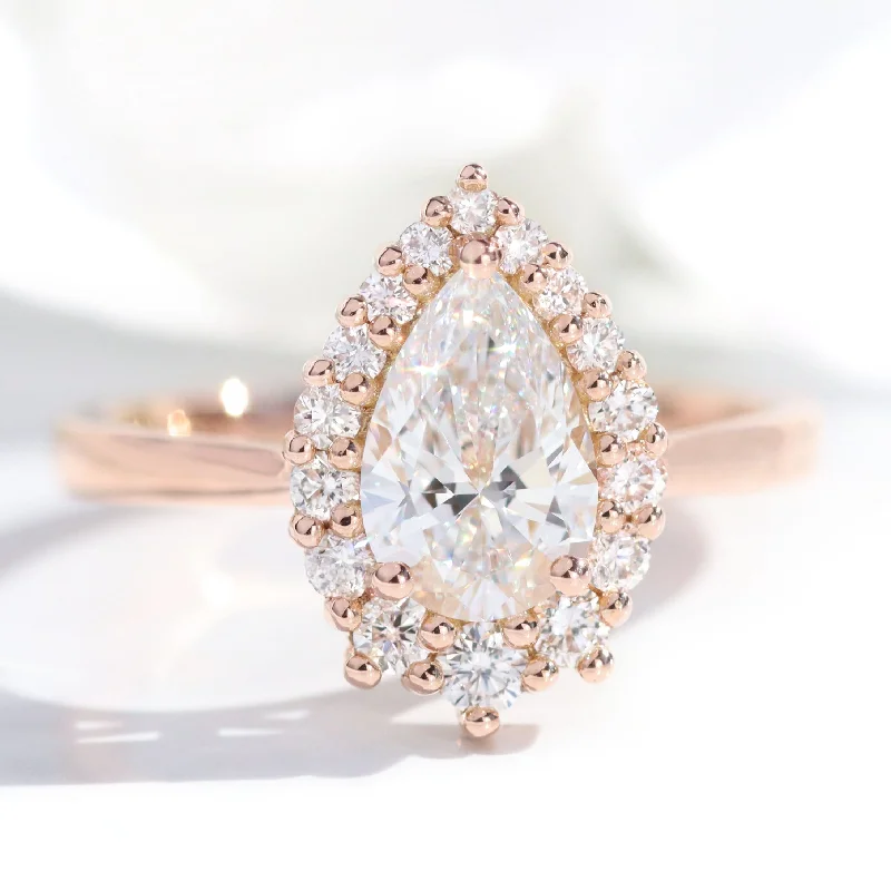 Pear Cut Lab Diamond Ring w/ Natural Diamonds in Tiara Halo Ring