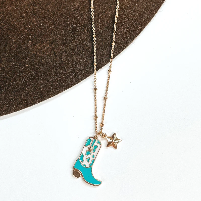 Kick Your Boots Up Gold Necklace with Cow Print Boot Pendant in White and Turquoise