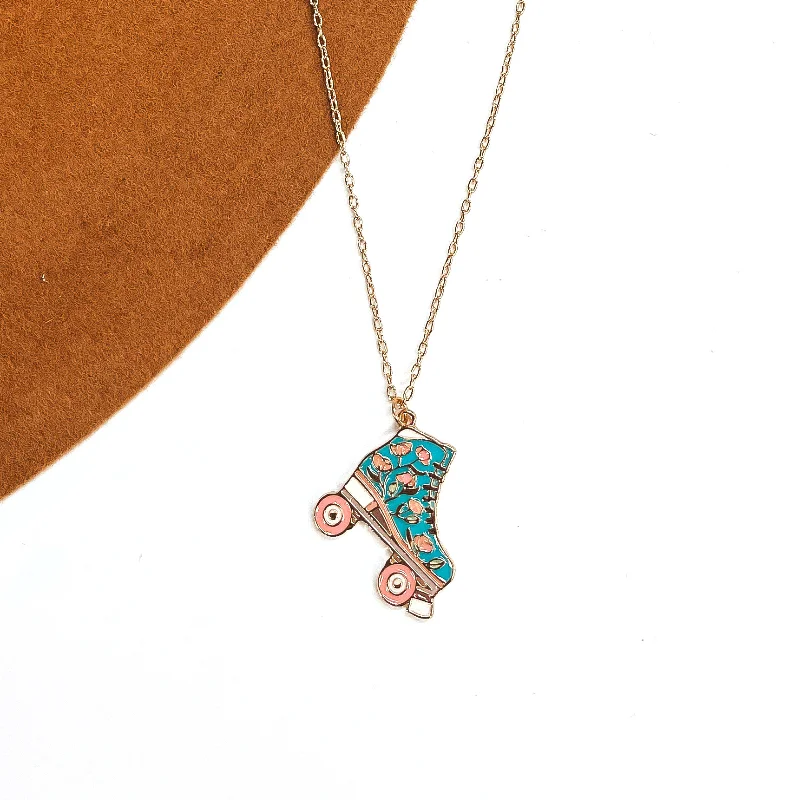 Rink Trips Gold Tone Necklace with Rollerskate Floral Pendant in Turquoise