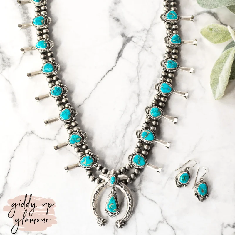 Shirley Henry | Navajo Handmade Sterling Silver & Kingman Turquoise Vintage Squash Blossom Necklace + Matching Earrings