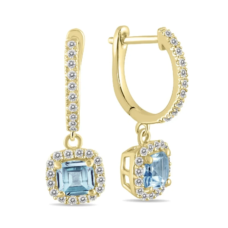 Marquee 1 Carat Aquamarine and Diamond Halo Dangle Earrings in 10K Yellow Gold