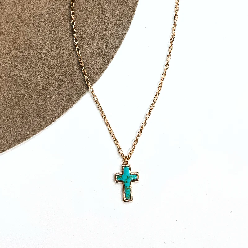 Highlight The Good Gold Tone Chain Necklace with Cross Pendant in Turquoise