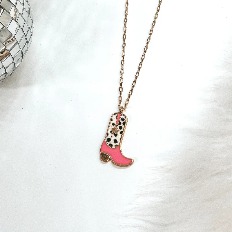 Cowgirl Dreams Gold Necklace with Boot Pendant in Pink and Faux Hide Dotted Print