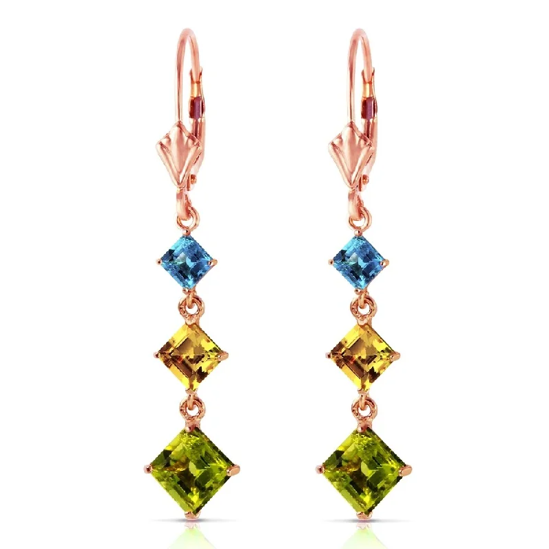 4.8 Carat 14K Solid Rose Gold Chandelier Earrings Blue Topaz, Citrine Peridot