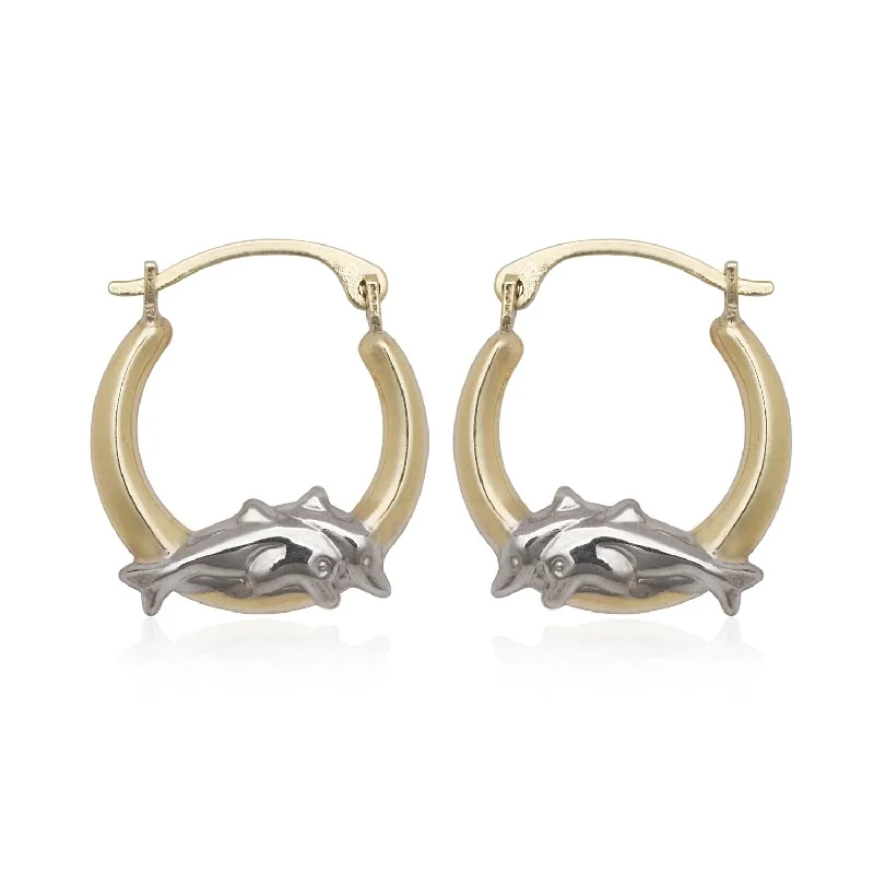 Curata 10k Two-tone Gold 15mm Swimming Dolphin Hoop Earrings