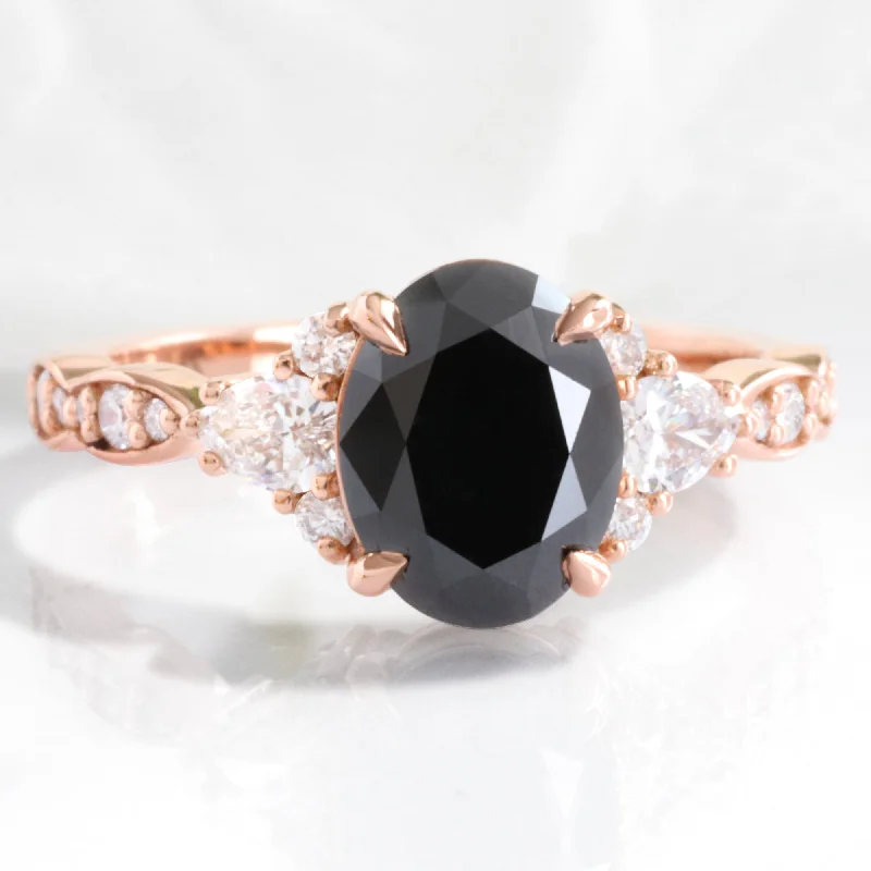 2.65 Ct. Oval Black Diamond Ring in Dahlia 3 Stone Diamond Band