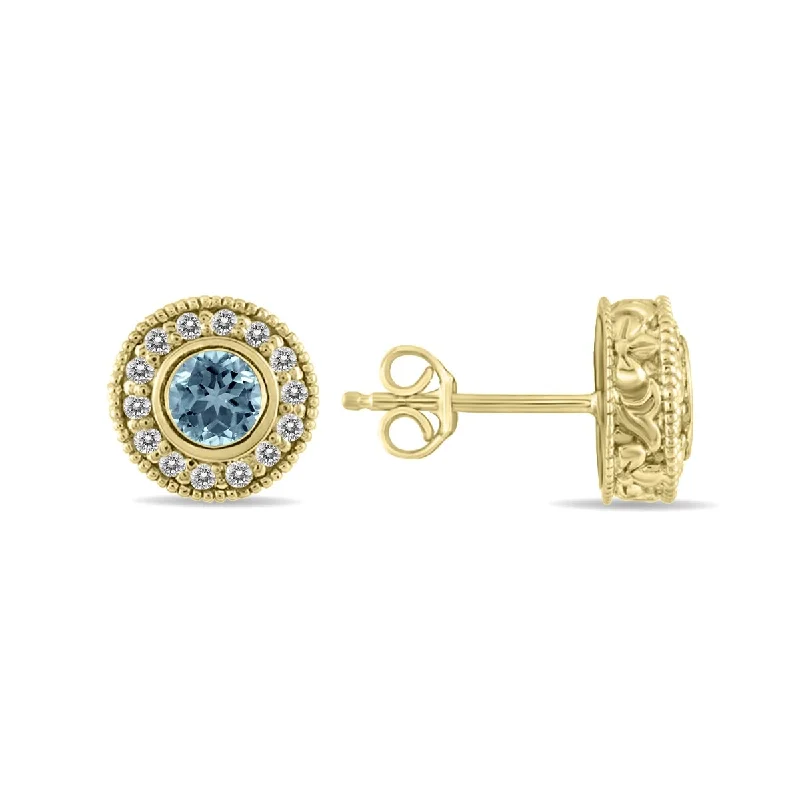 Marquee 1/2 Carat TW Aquamarine and Diamond Bezel Set Earrings 10K Yellow Gold