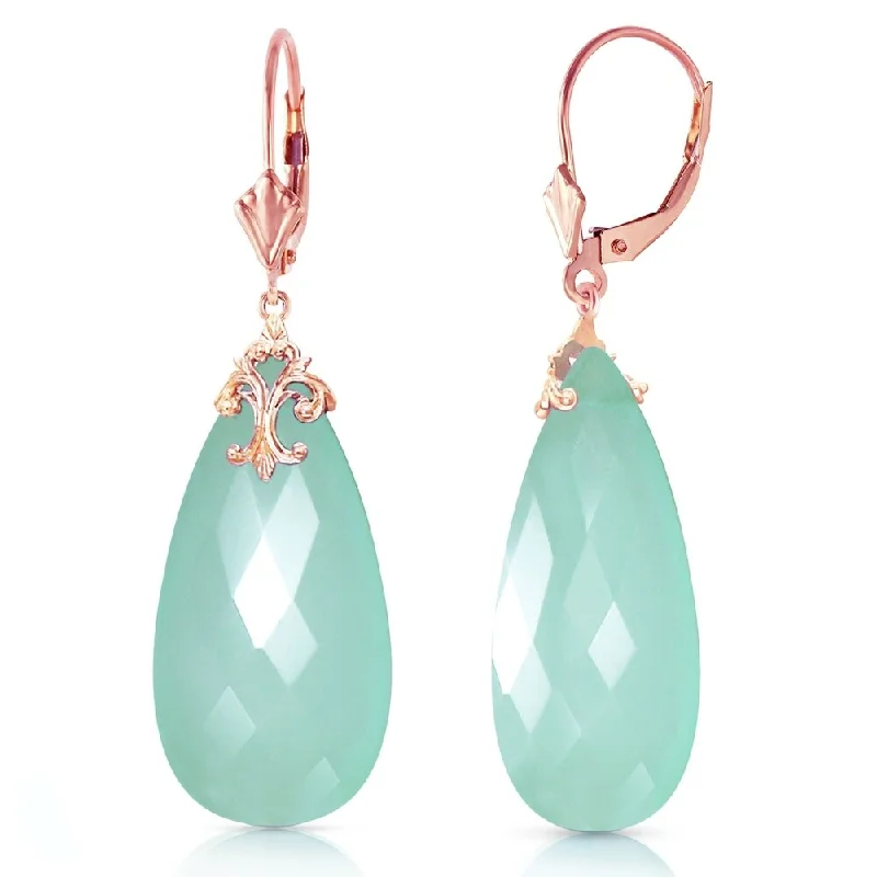 14K Solid Rose Gold Leverback Earrings with Briolette 31x16 mm Mint Green Chalcedony