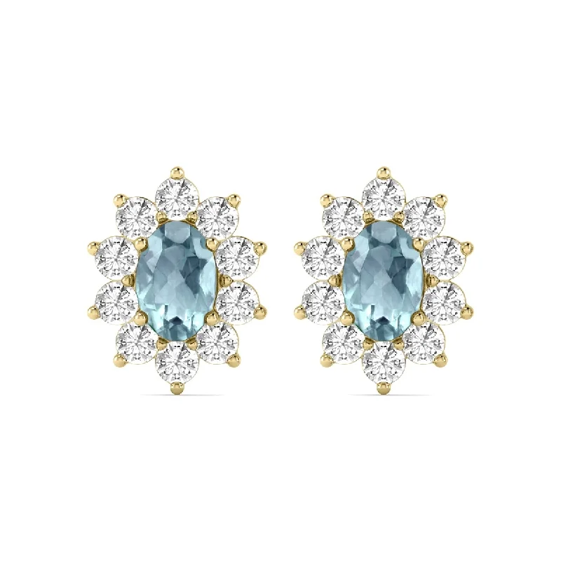 Marquee Oval Shape Aquamarine and Diamond Flower Earrings in 14K Yellow Gold