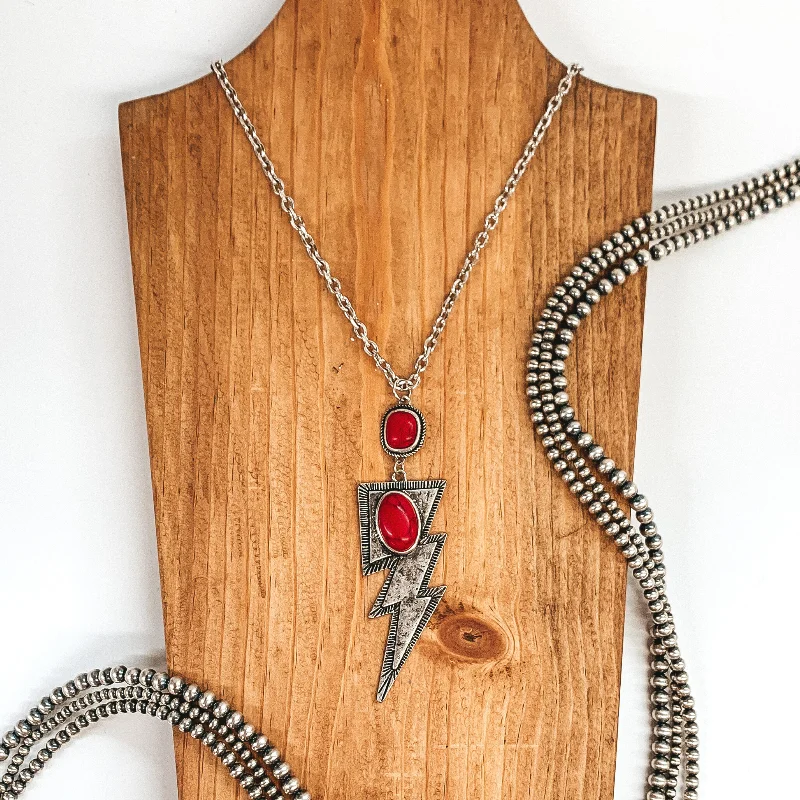 Long Silver Tone Chain Necklace and Lightning Bolt Pendant in Red