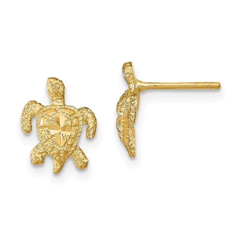 Curata 14k Yellow Gold Sparkle Cut Sea Turtle Post Earrings - 11x9mm