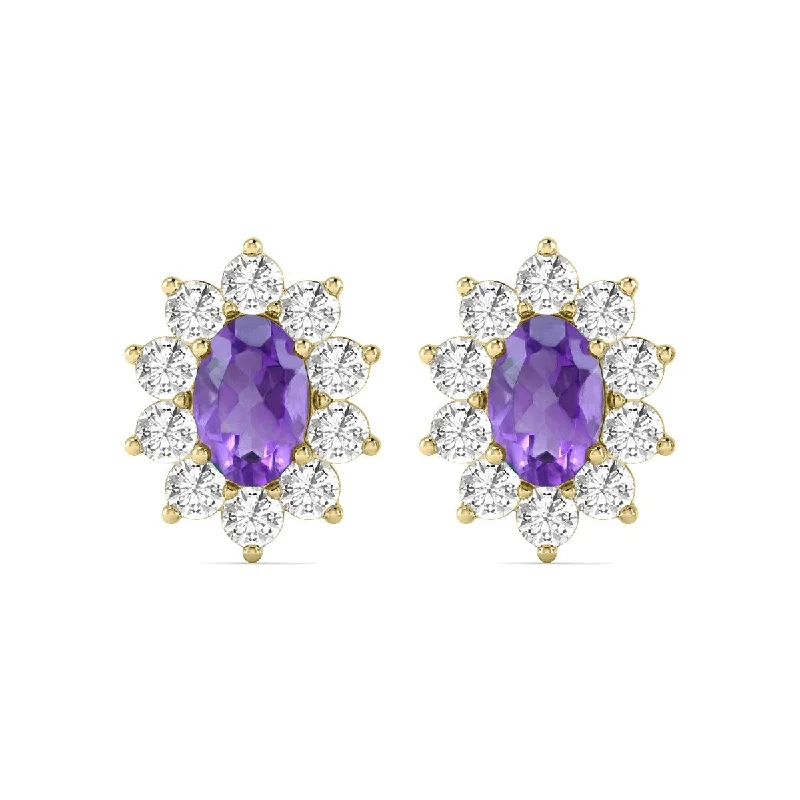 Marquee Oval Shape Amethyst and Diamond Flower Earrings in 14K Yellow Gold