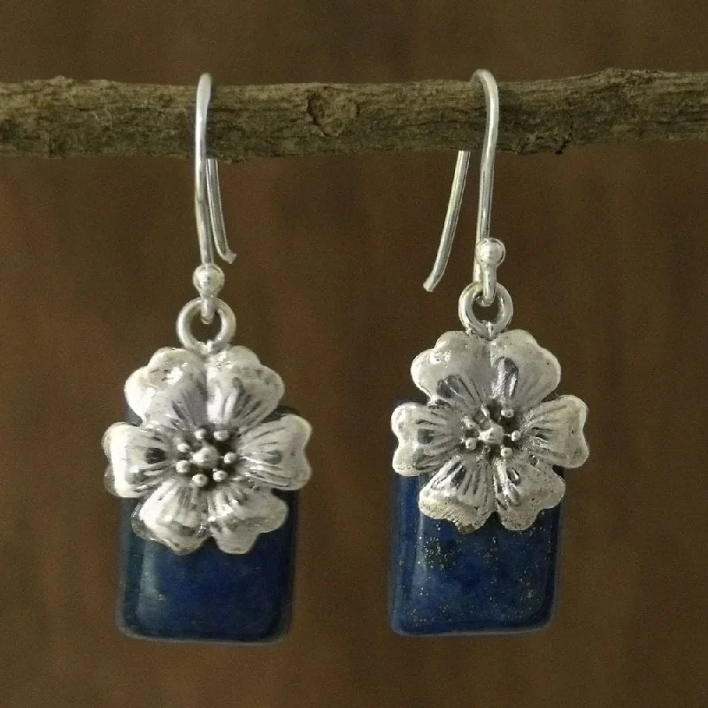 NOVICA Handmade Sterling Silver Blue Lily Lapis Lazuli Earrings (India)