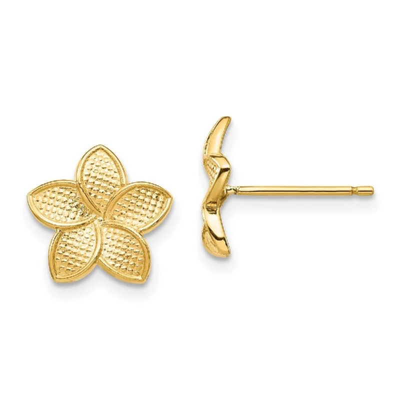 Curata 14k Yellow Gold 11mm Polished and Textured Plumeria Post Earrings