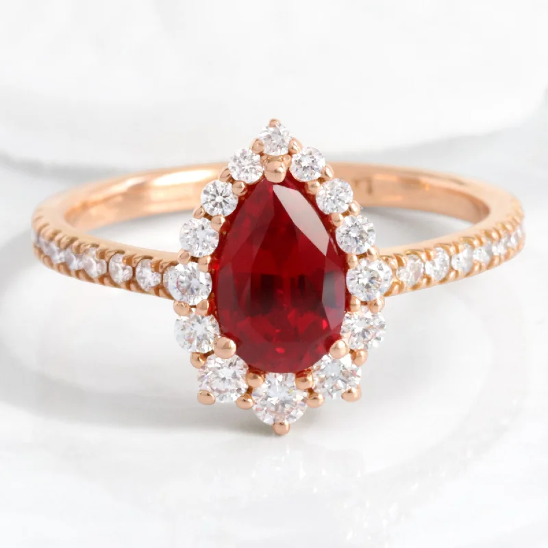 Pear Ruby Engagement Ring in Tiara Halo Diamond Pave Band