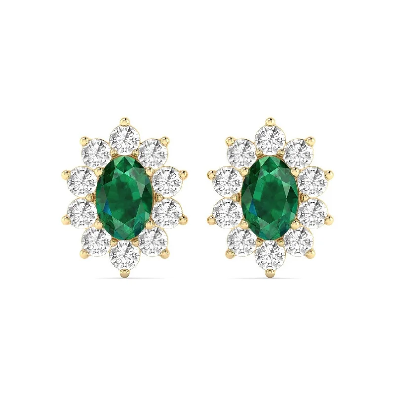 Marquee Oval Shape Emerald and Diamond Flower Earrings in 14K Yellow Gold