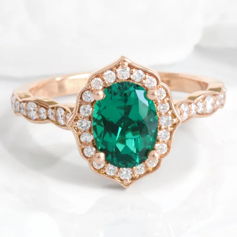 Oval Emerald Diamond Ring in Vintage Floral Scalloped Band