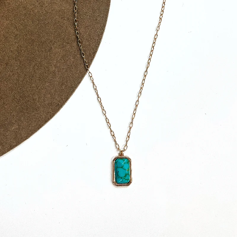 Highlight The Good Gold Tone Chain Necklace with Rectangle Pendant in Turquoise