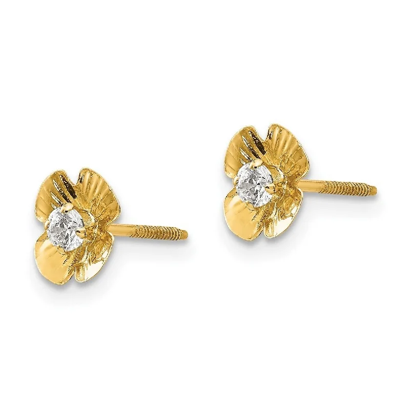 Curata 14k Yellow Gold Polished Screw back Flower 2.5mm CZ Cubic Zirconia Post Earrings - 7x7mm Wide