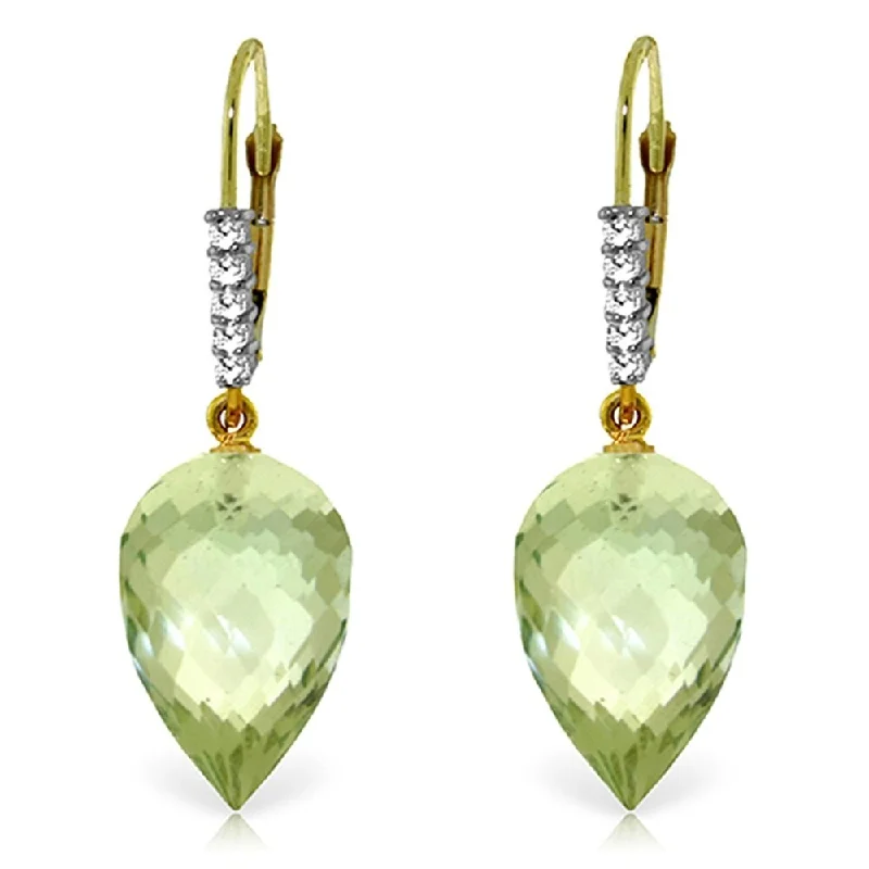 19.15 CTW 14K Solid Gold Drop Briolette Green Amethyst Diamond Earrings