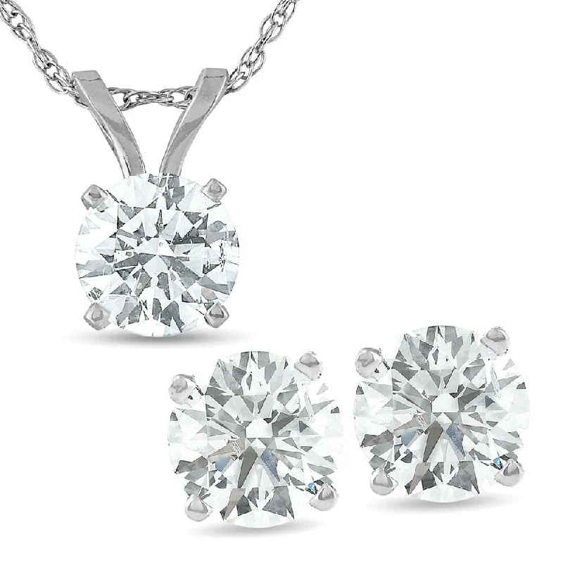 2 Cttw Diamond Solitaire Necklace & Studs Earrings Set White Gold