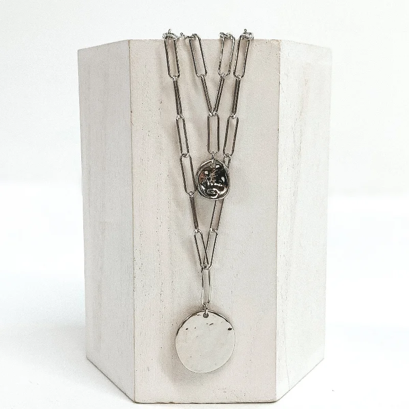 Double Chain Necklace with Hammered Circle Pendants in Silver