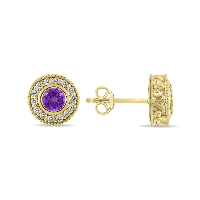 Marquee 1/2 Carat TW Amethyst and Diamond Bezel Set Earrings 10K Yellow Gold