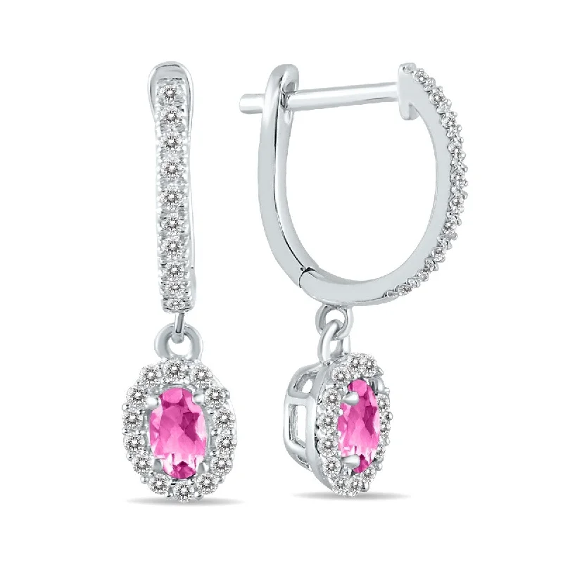 Marquee 1/2 Carat Oval Pink Topaz and Diamond Halo Dangle Earrings in 10K White Gold