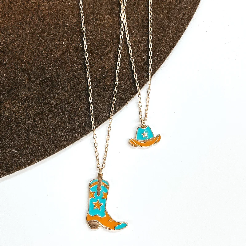 Double Layered Gold Necklace with Hat and Boot Pendant in Turquoise