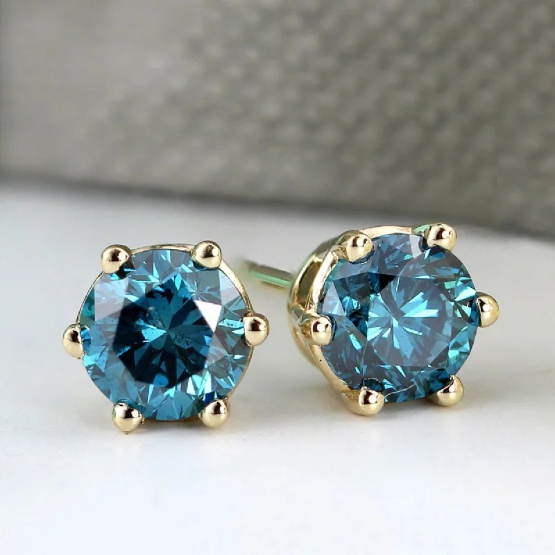 Auriya 1 1/2ctw Round Blue Diamond Stud Earrings 14k Gold 6-Prong (SI2-SI3)