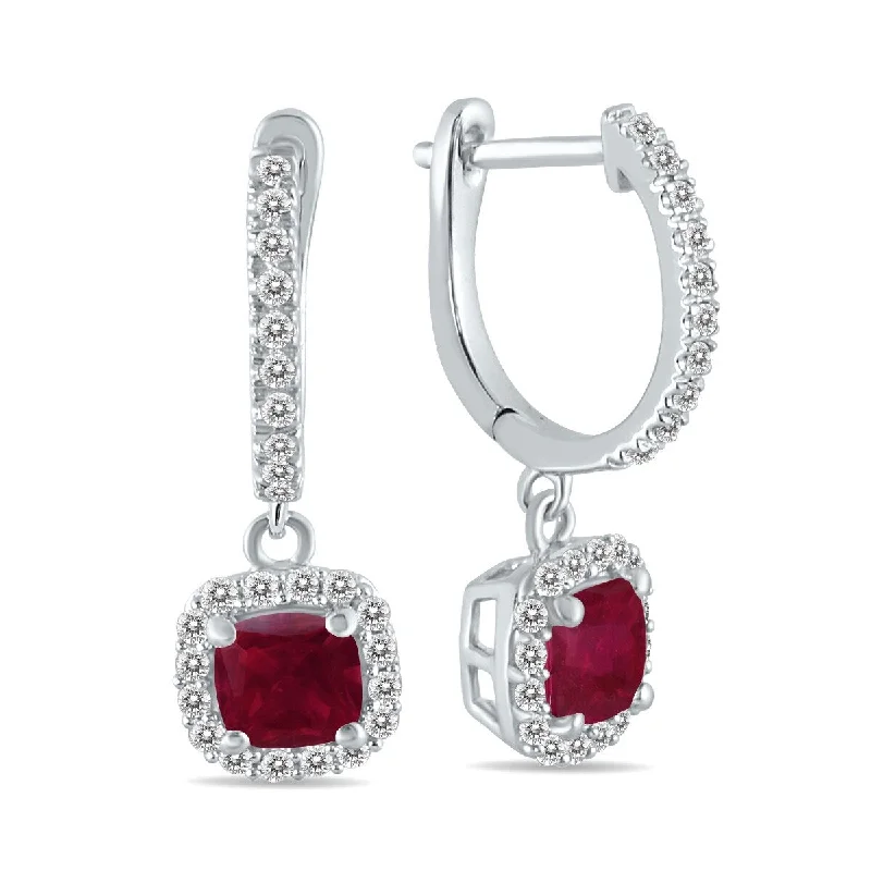 Marquee 1 Carat Ruby and Diamond Halo Dangle Earrings in 10K White Gold