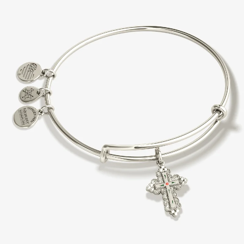 Floral Cross Charm Bangle Bracelet