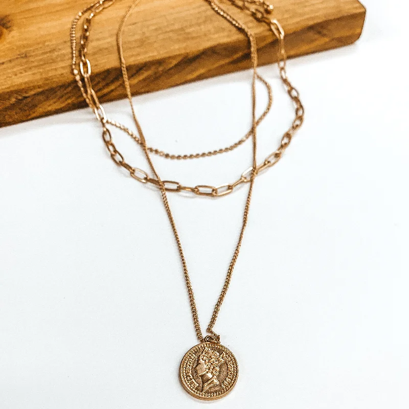 Three Strand Multi Chain Necklace Set with Double Sided Coin in Gold