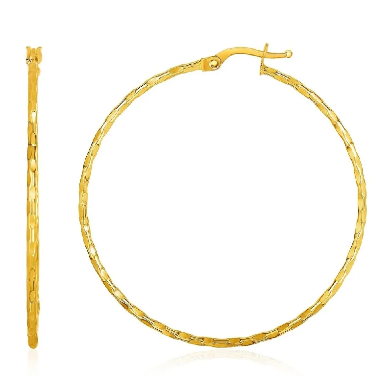 14k Solid Yellow Gold Textured Hoop Earrings 1.78" Length