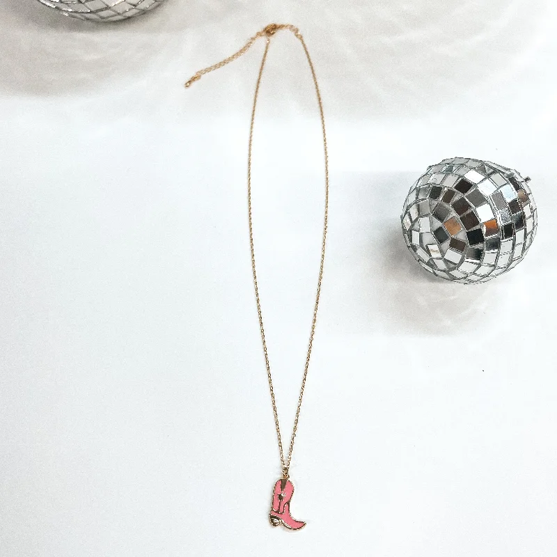 Take Me to Nashville Gold Necklace with Boot Pendant in Pink