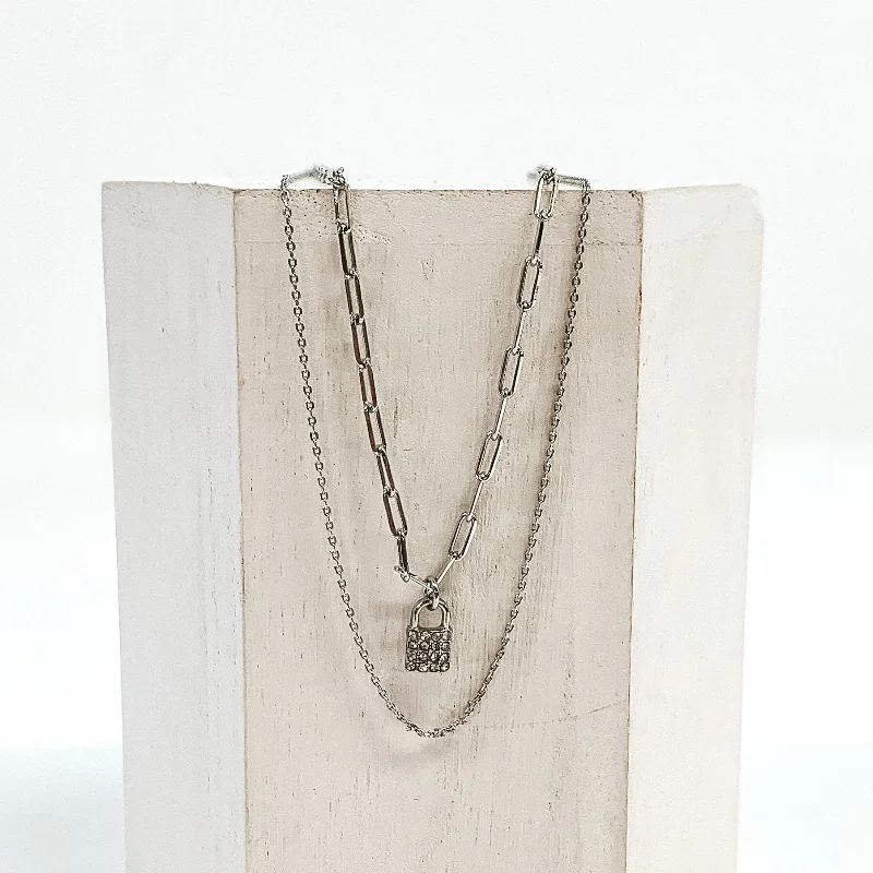 Double Strand Necklace with Crystal Lock Charm in Silver