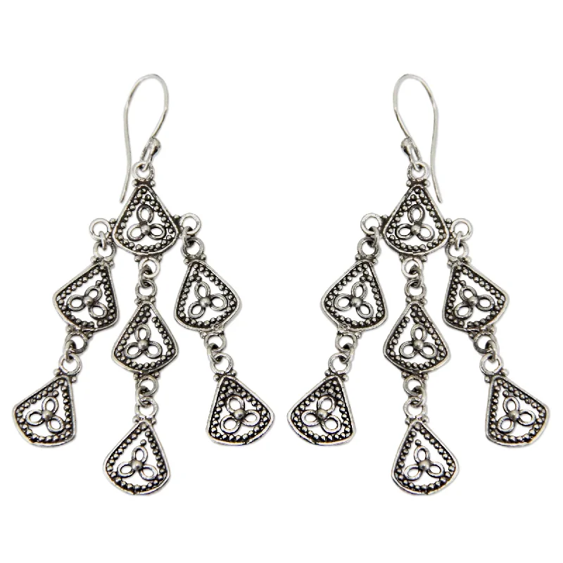 NOVICA Bali Belle Handmade Artisan Articulated Delicate Oxidized 925 Sterling Silver Long Chandelier Earrings (Indonesia)