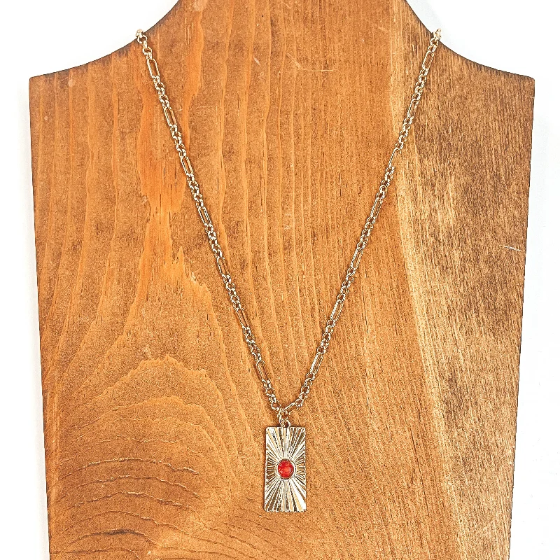 Convince Me Gold Necklace with Sunburst Rectangle Pendant and Small Stone in Red