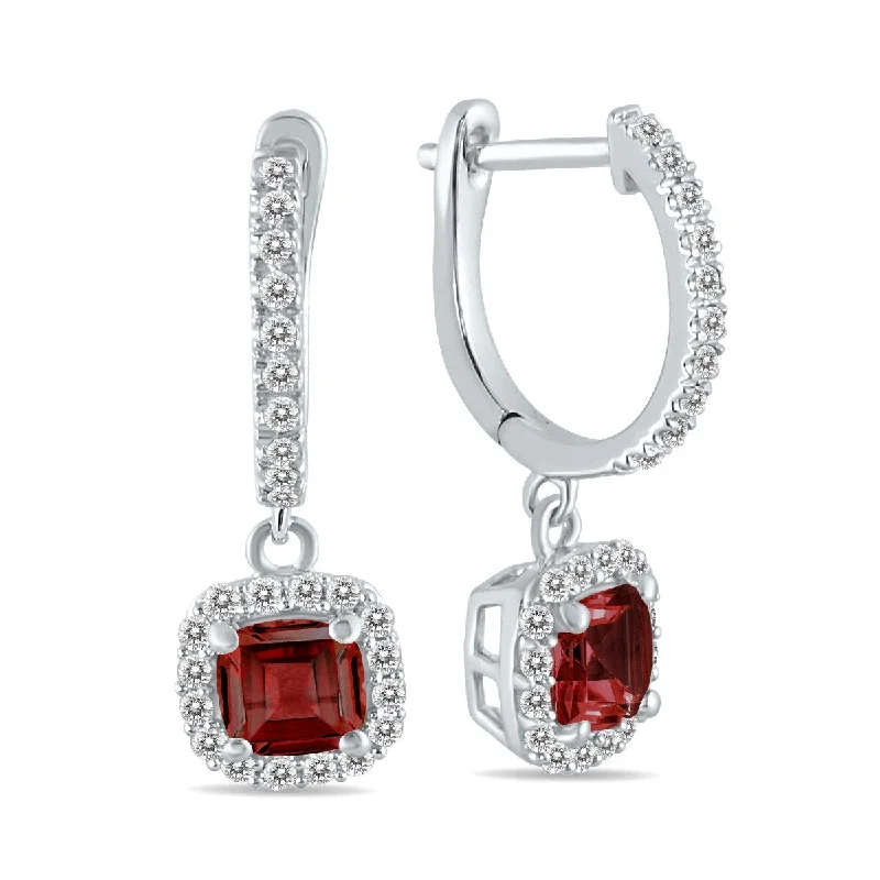 Marquee 1 Carat Garnet and Diamond Halo Dangle Earrings in 10K White Gold