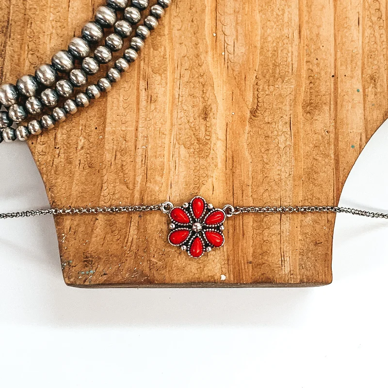 Silver Tone Chain Necklace with Flower Pendant in Red