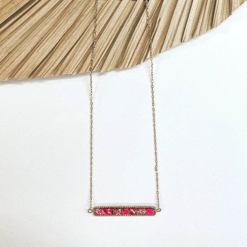 Gold Chain Necklace with Semi-Precious Stone Horizontal Bar Pendant in Fuchsia Pink