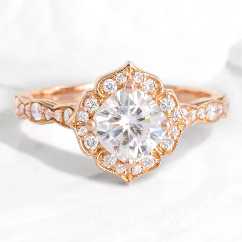 Cushion Moissanite Diamond Ring in Mini Vintage Floral Band