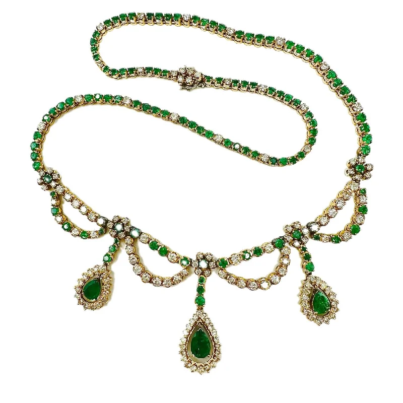 18K Gold Diamond and Emerald Necklace with 3 Halo Dangles