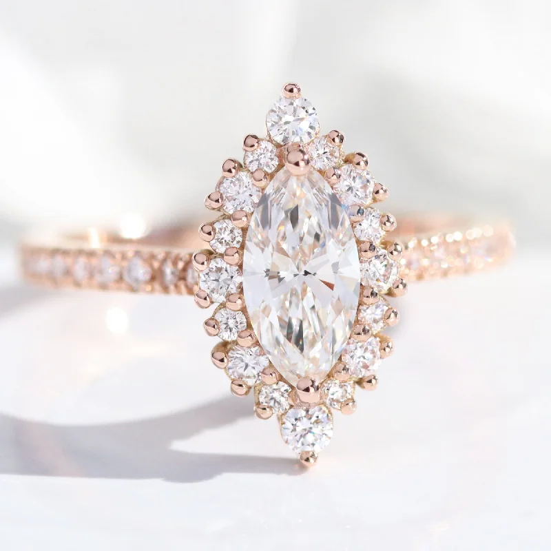 Marquise Lab Diamond Ring Pave Band w/ Natural Diamonds in Tiara Halo Ring