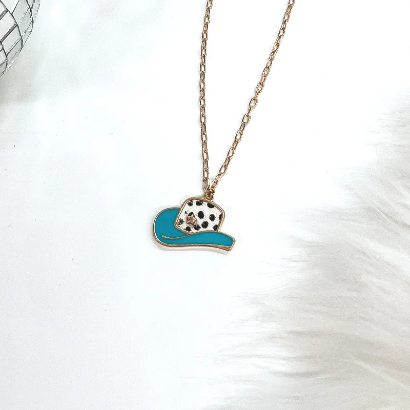 Cowgirl Dreams Gold Necklace with Hat Pendant in Turquoise and Faux Hide Dotted Print