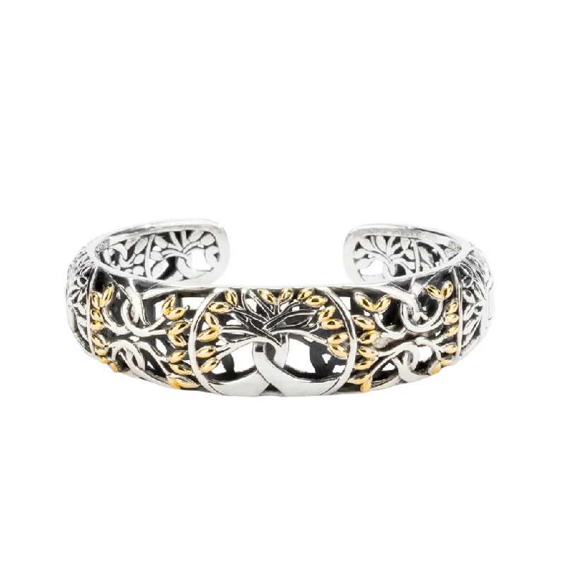 Silver and 18k Gold Tree of Life Hinged Bangle